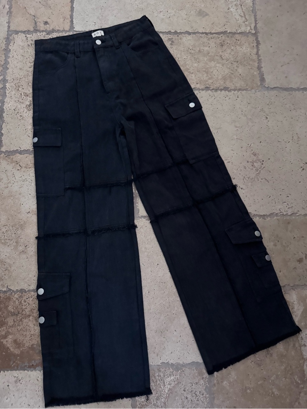 POL button cargo thigh and calf frayed Jean -Black -SZ M